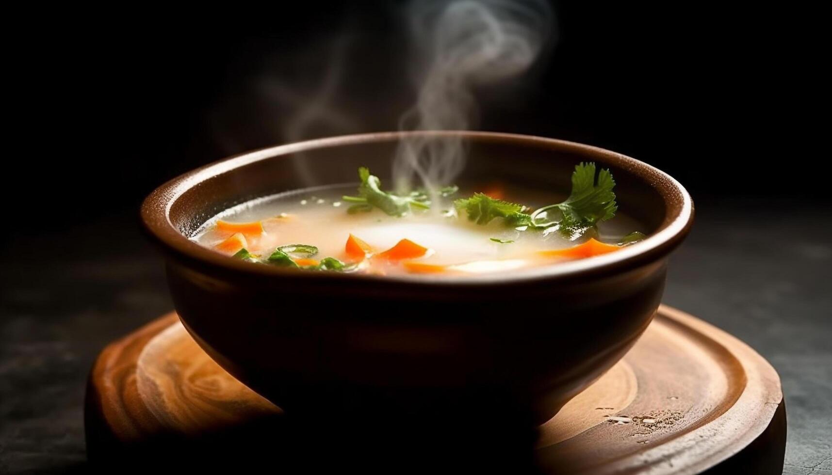 recentemente cozinhou gourmet vegetal sopa vapores apetitosamente gerado de ai foto