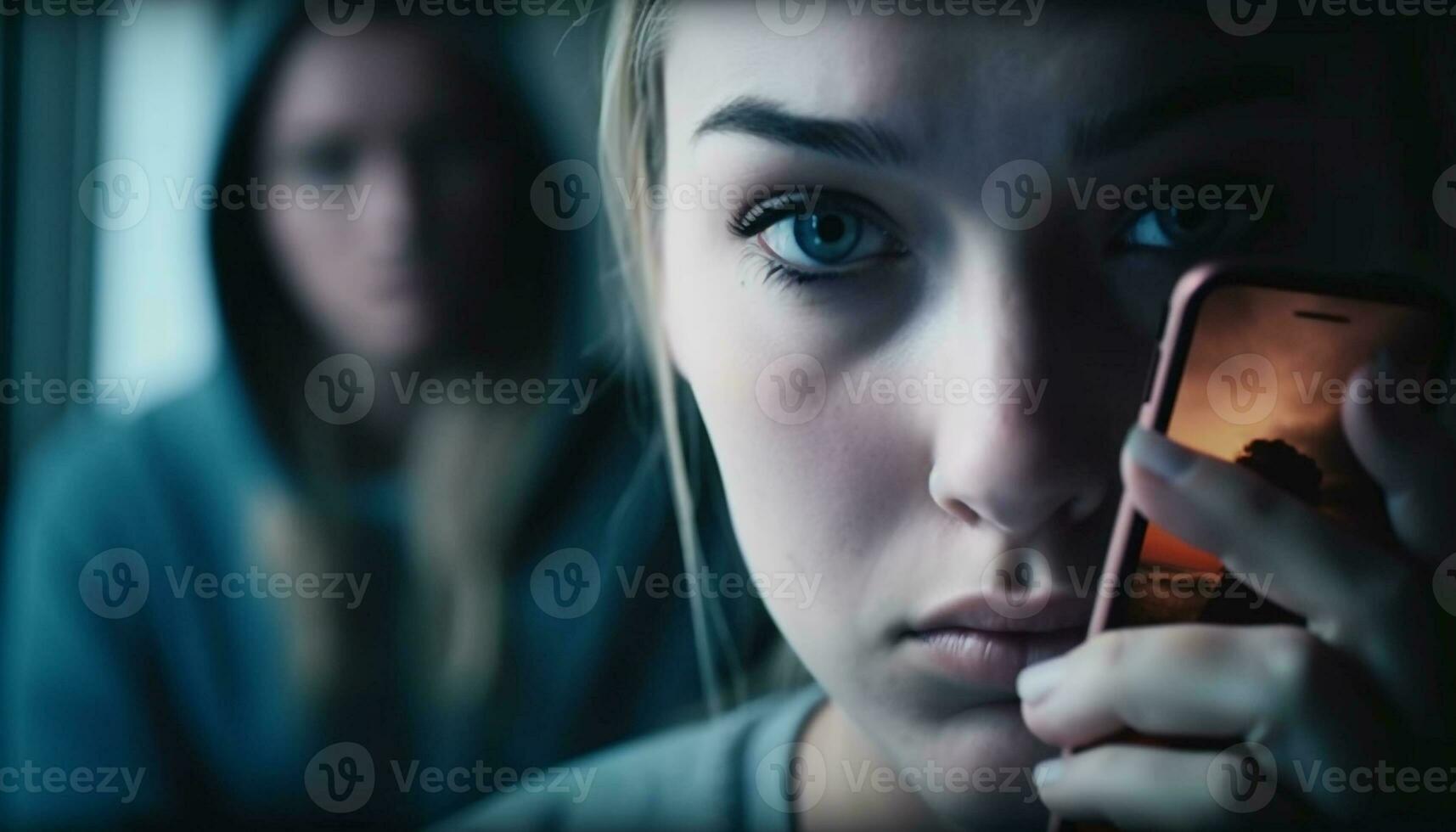 jovem mulher olhando triste, rolagem telefone sozinho gerado de ai foto