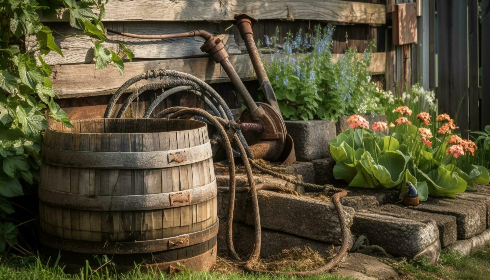 rústico jardim equipamento dentro natureza fresco vegetação gerado de ai foto