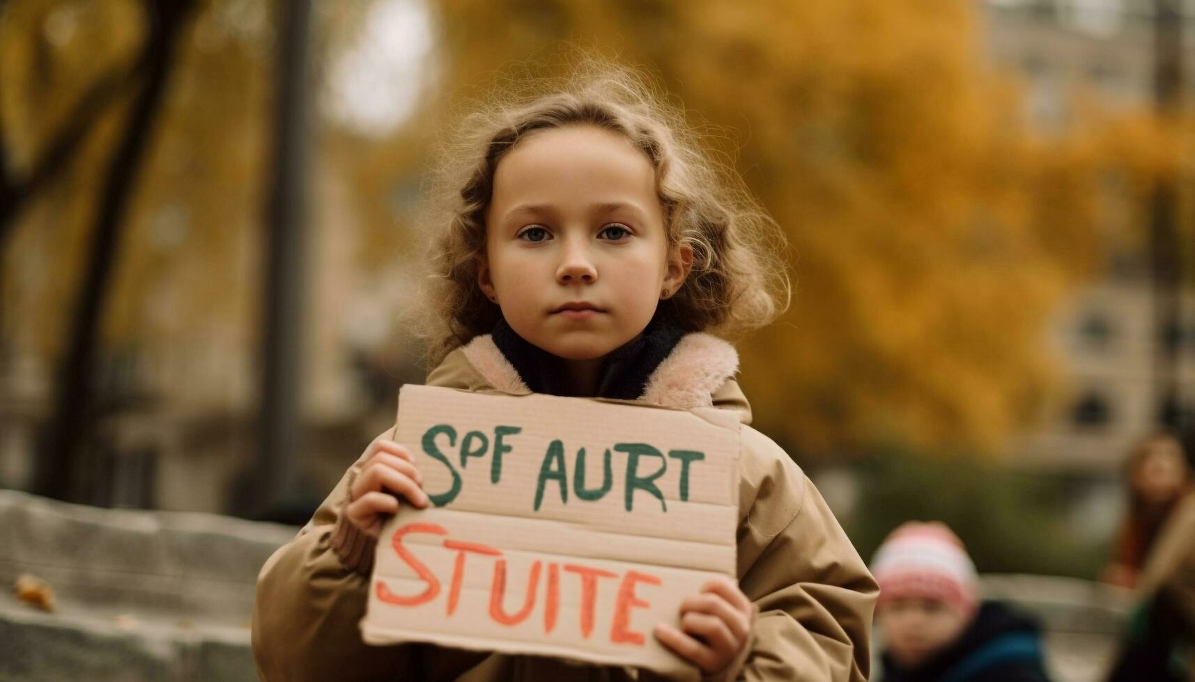 sorridente menina segurando aprender e ter Diversão placa gerado de ai foto