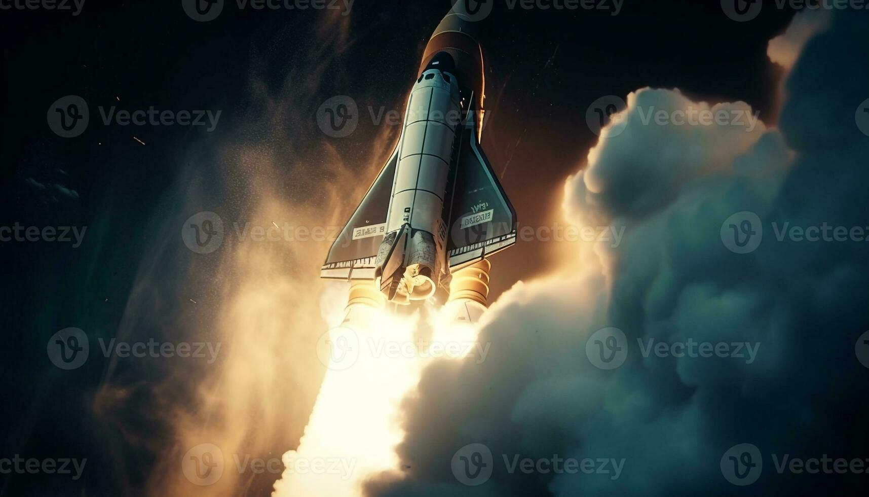 futurista nave espacial lançamento para dentro a Sombrio céu gerado de ai foto