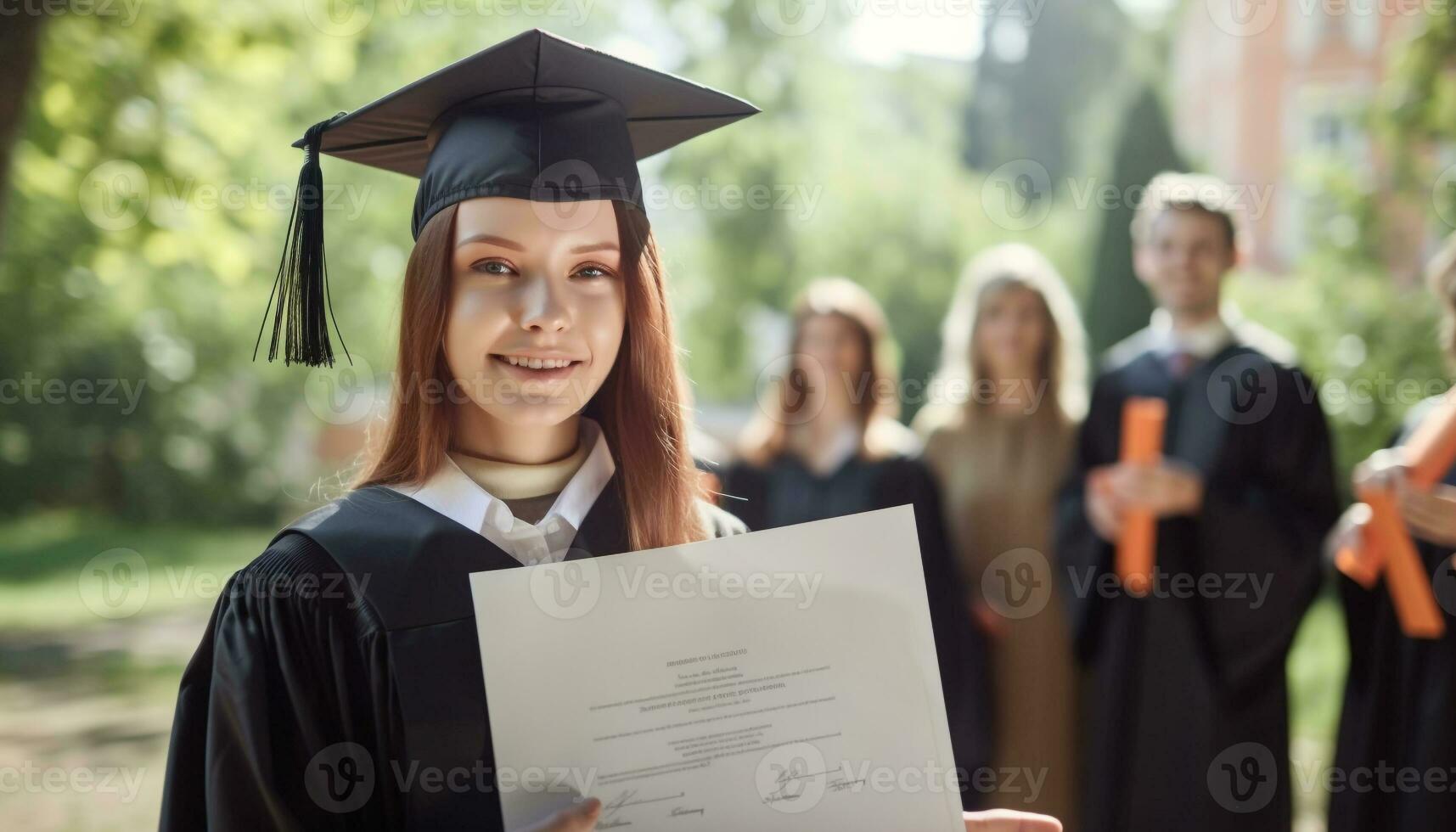 jovem adulto sorridente dentro graduação vestido ao ar livre gerado de ai foto