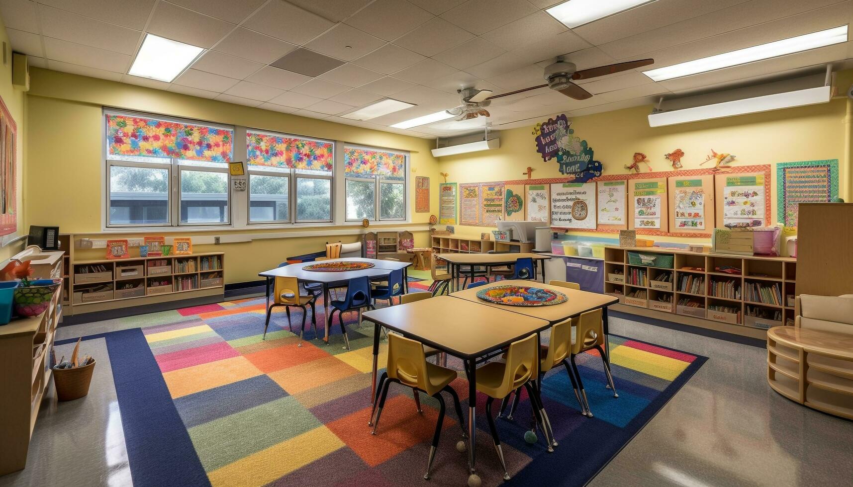 moderno Sala de aula com brilhante cores e brinquedos gerado de ai foto