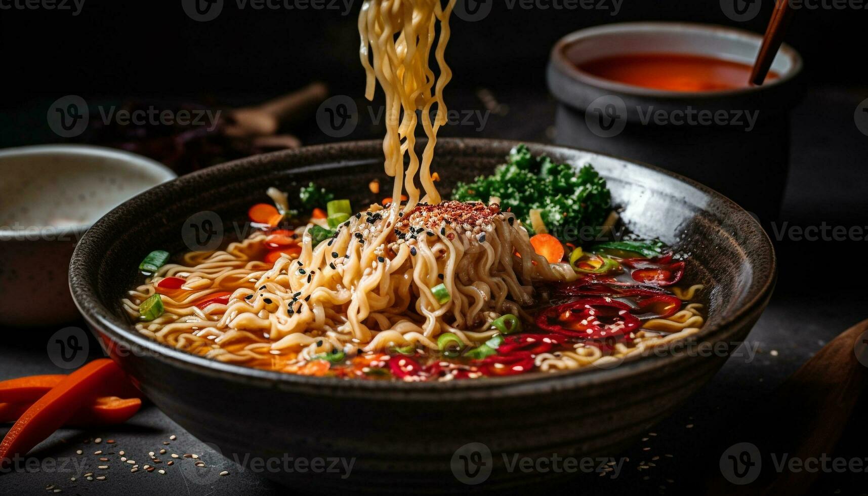 caseiro macarrão sopa com fresco legumes e ervas gerado de ai foto