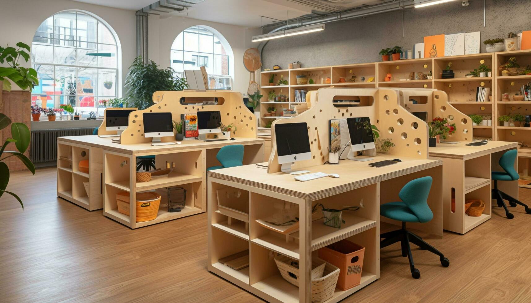 moderno escritório escrivaninha com computador equipamento dentro gerado de ai foto