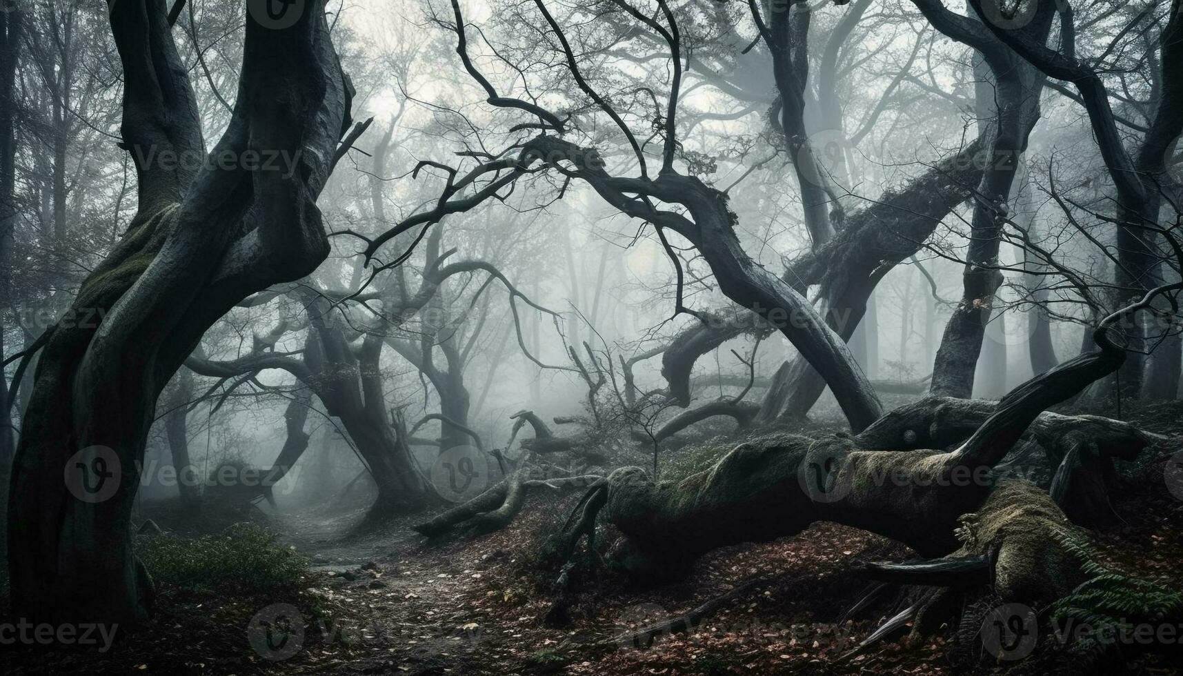 assustador silhueta anda em através a Sombrio floresta gerado de ai foto