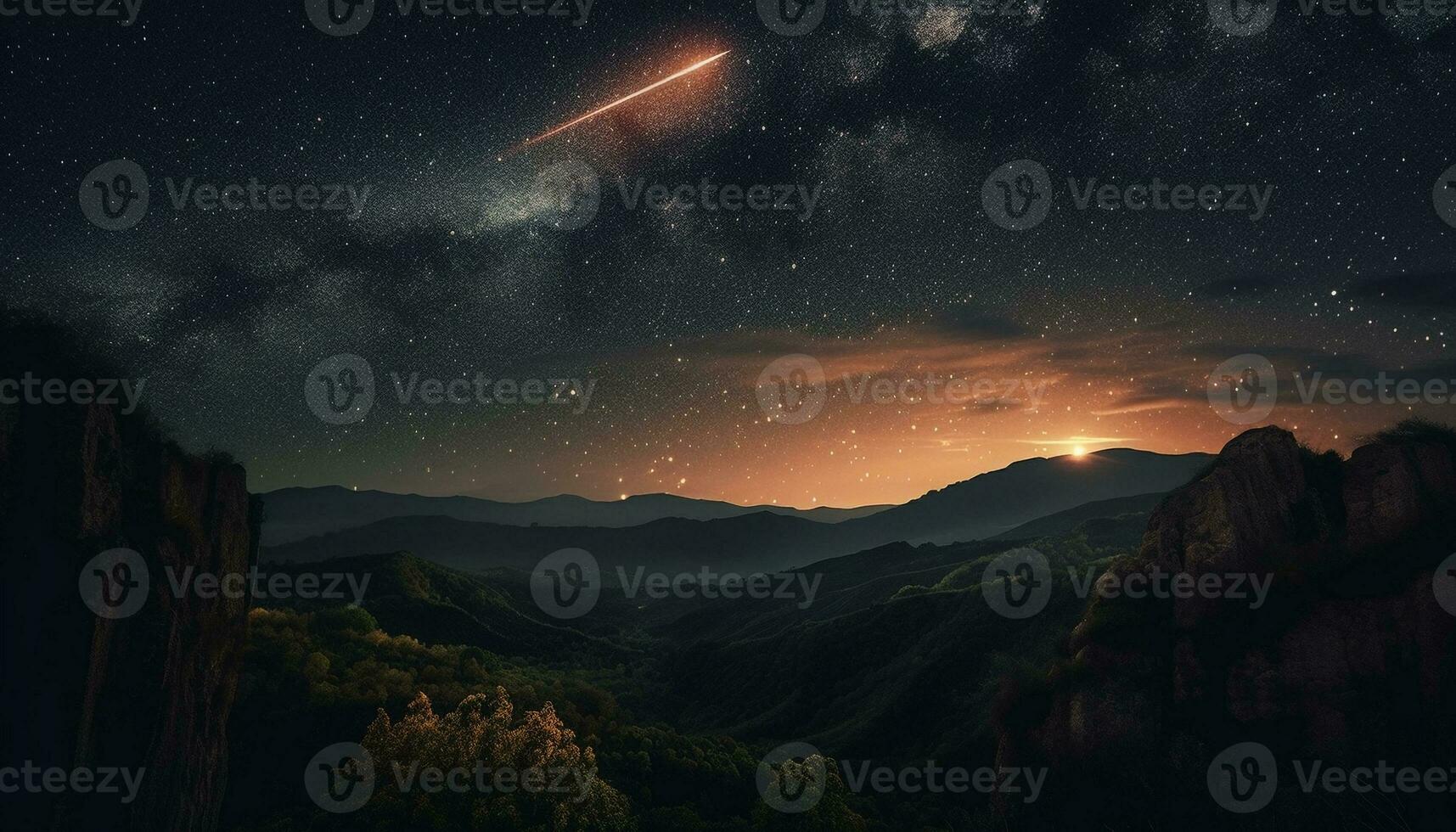 leitoso caminho ilumina Estrela trilha sobre montanha pico gerado de ai foto