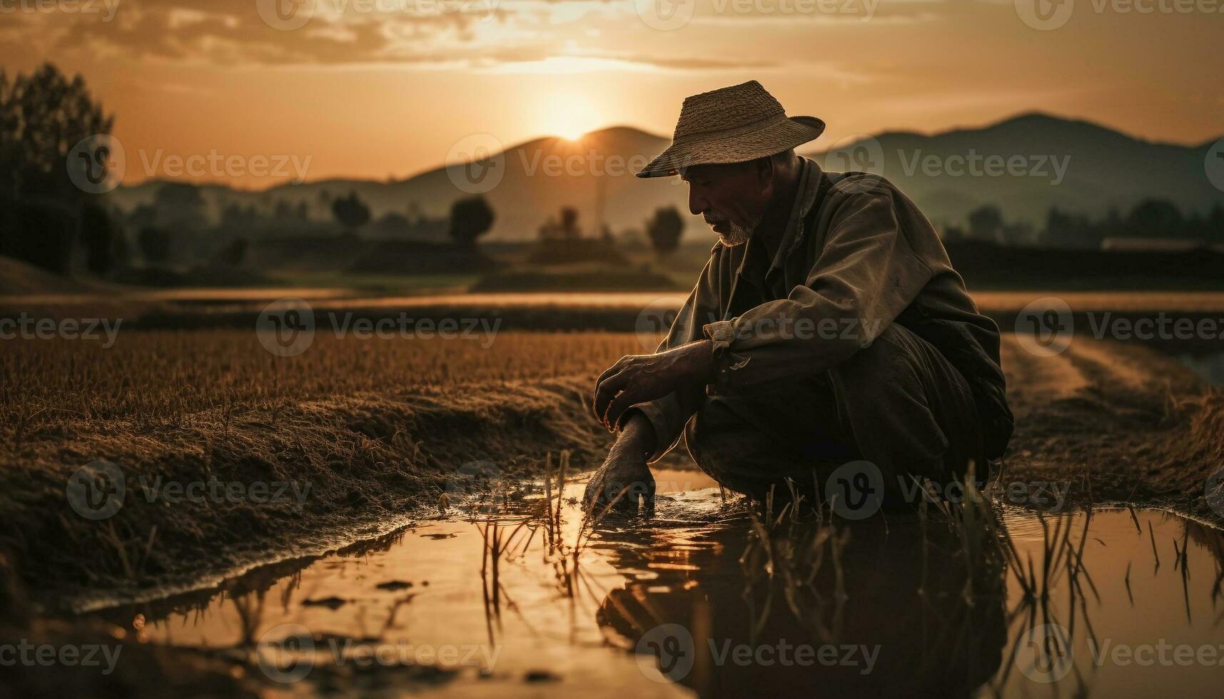 maduro agricultor trabalhando ao ar livre, desfrutando tranquilo pôr do sol gerado de ai foto