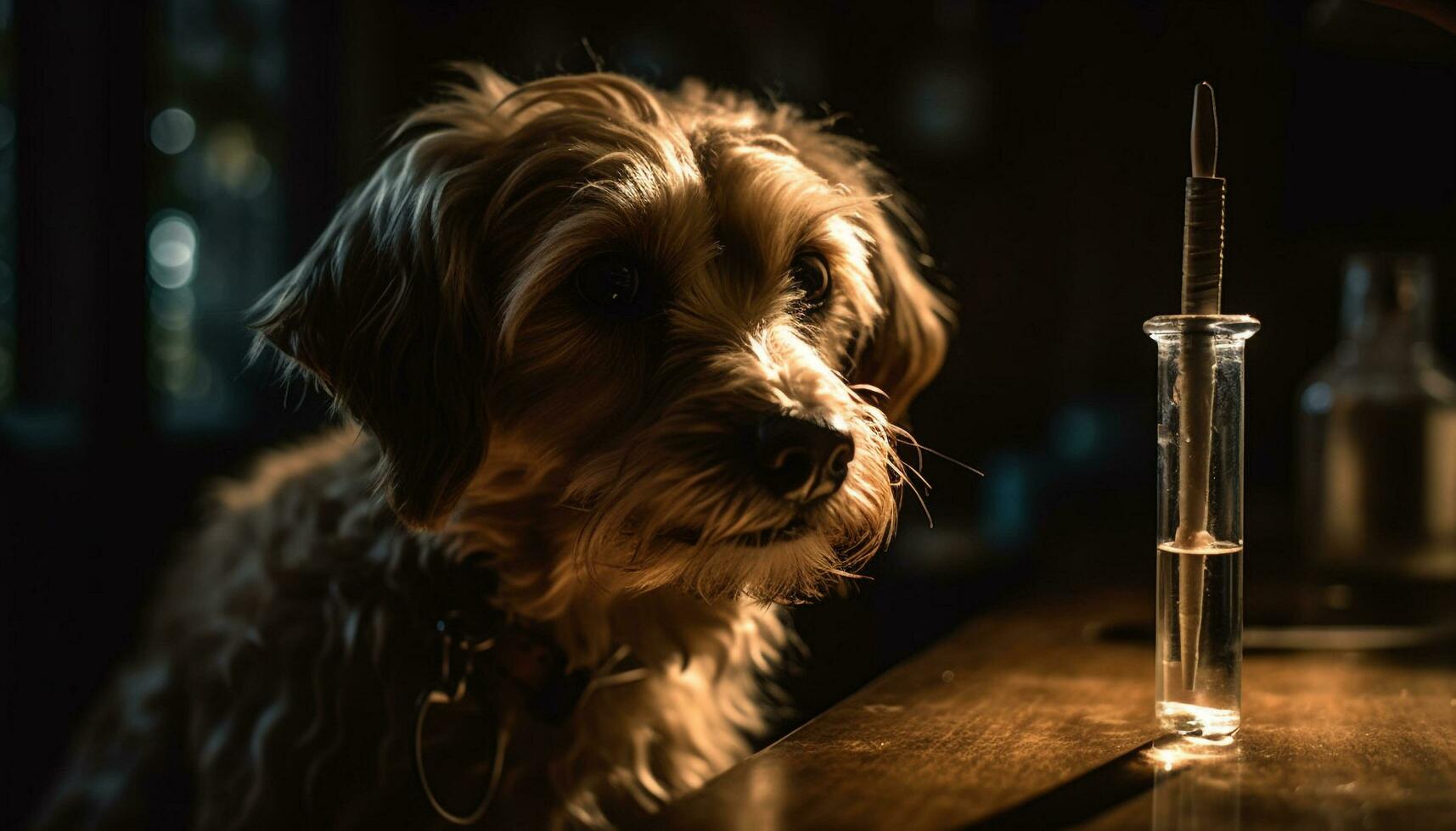 fofa cachorro sentado em mesa, olhando às Câmera gerado de ai foto