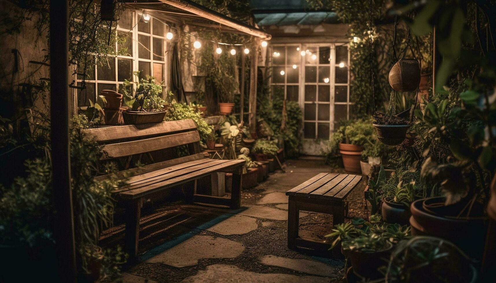 rústico de madeira mobília ilumina tranquilo jardim cena ao ar livre gerado de ai foto