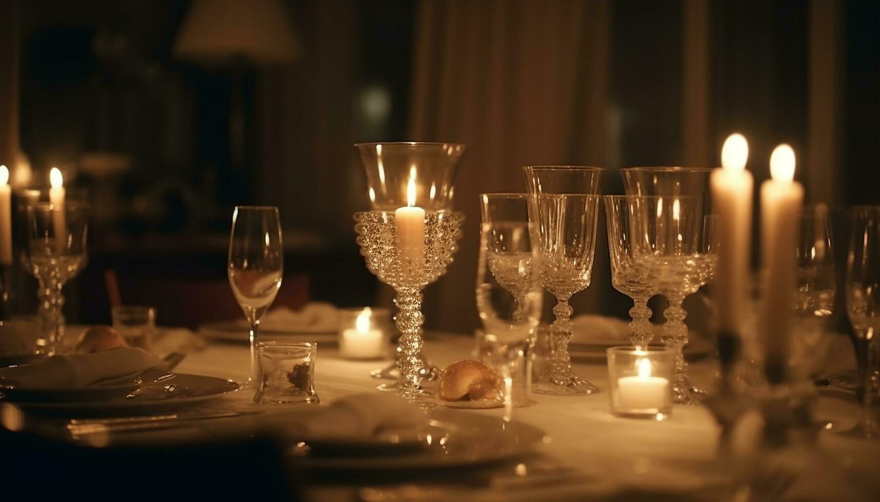 luxo luz de velas celebração em elegante jantar mesa gerado de ai foto