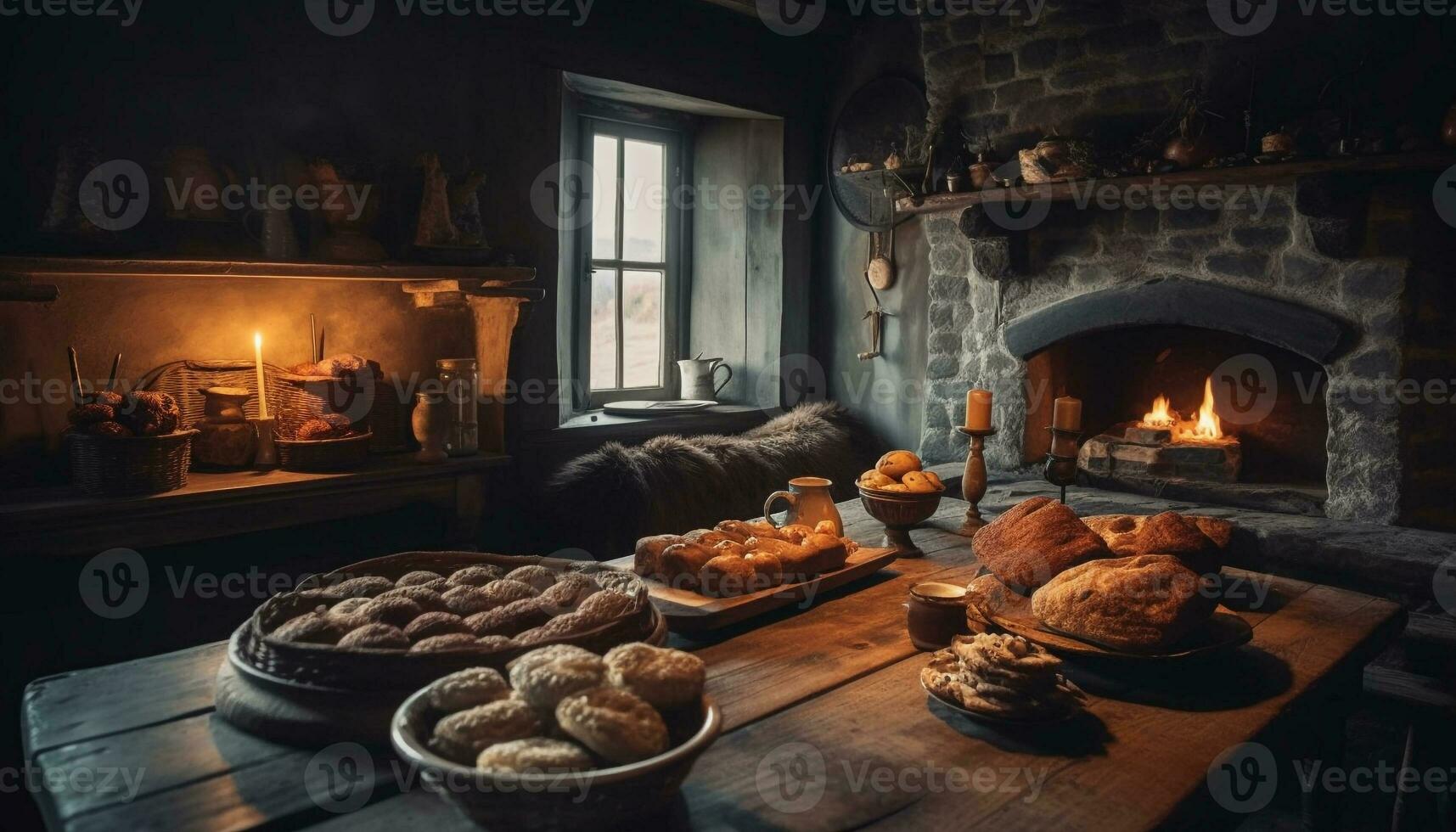 cozido abóbora pão em rústico mesa dentro de casa gerado de ai foto