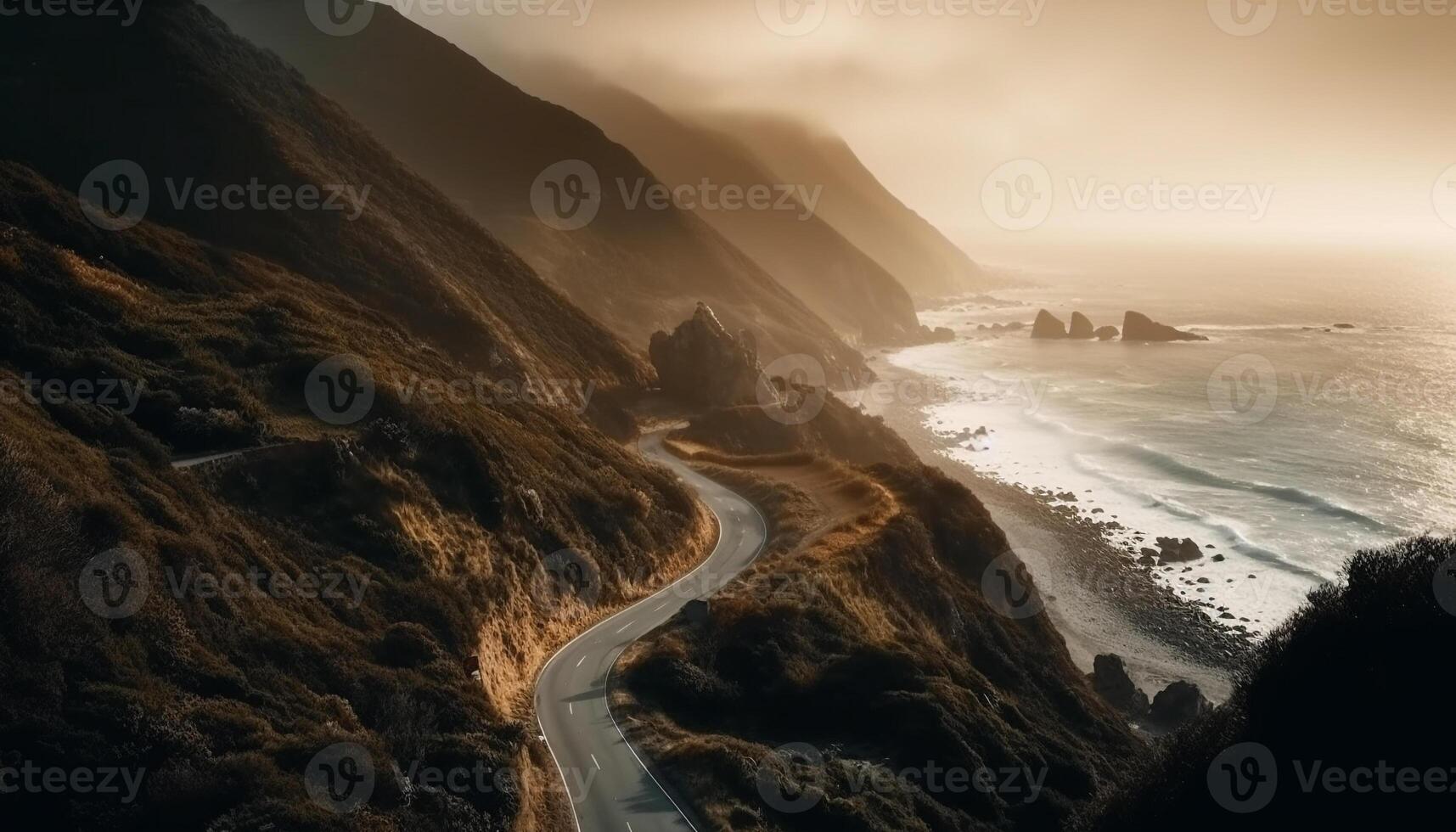 majestoso pôr do sol sobre áspero costeiro montanhas dentro grande sur gerado de ai foto