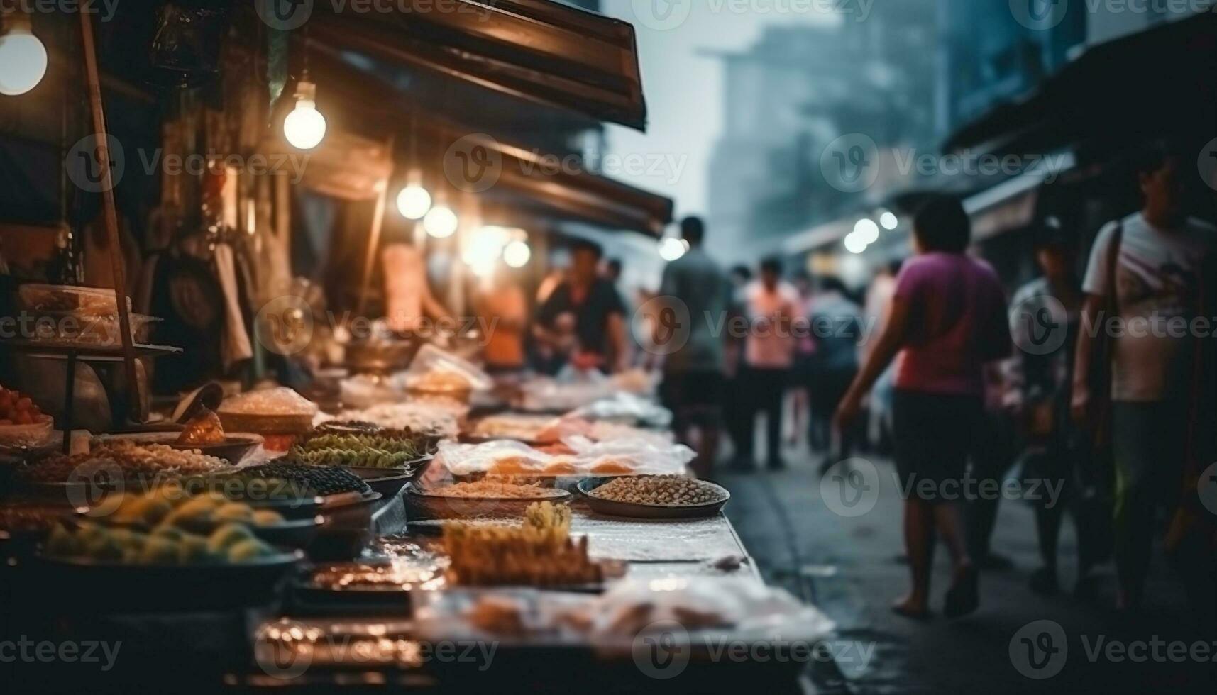 fresco frutos do mar grelhar, cidade vida às noite gerado de ai foto