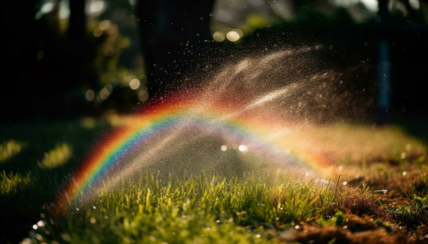vibrante Prado dentro verão chuva, arco Iris brilha gerado de ai foto