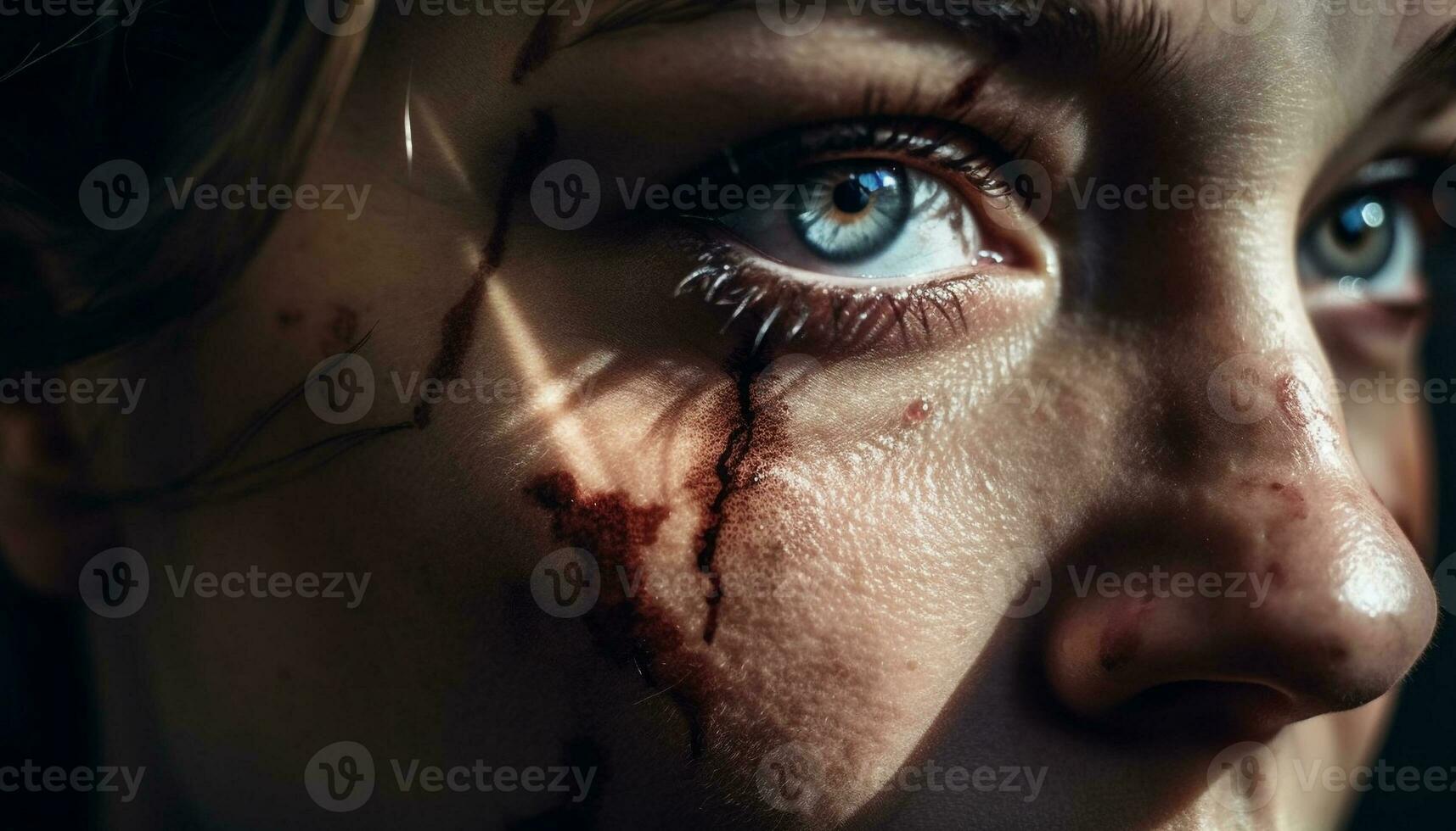 assustador Horror jovem mulher olho galpões lágrima solta gerado de ai foto