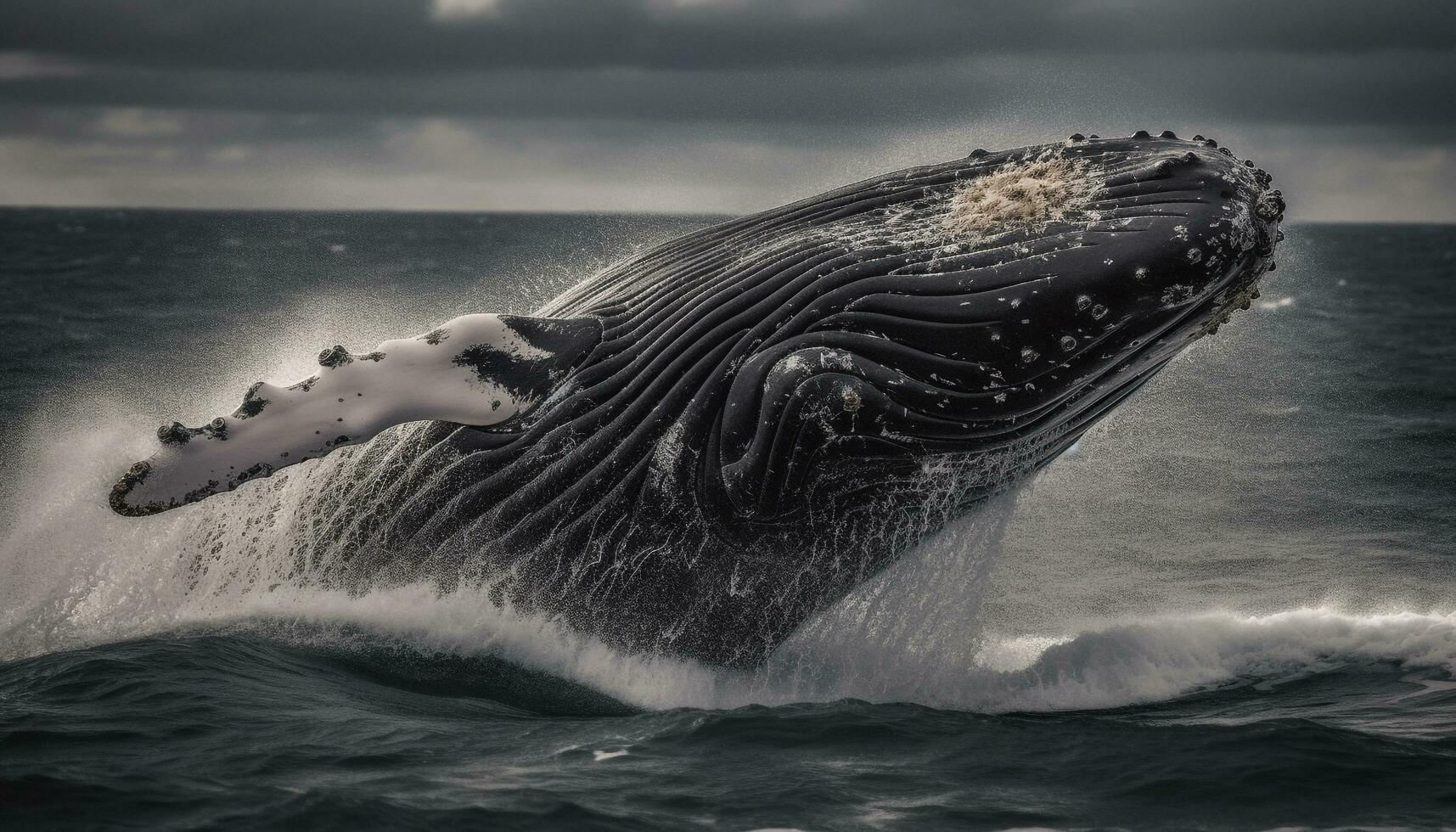 majestoso gigante corcunda baleia espirrando dentro Preto e branco água gerado de ai foto