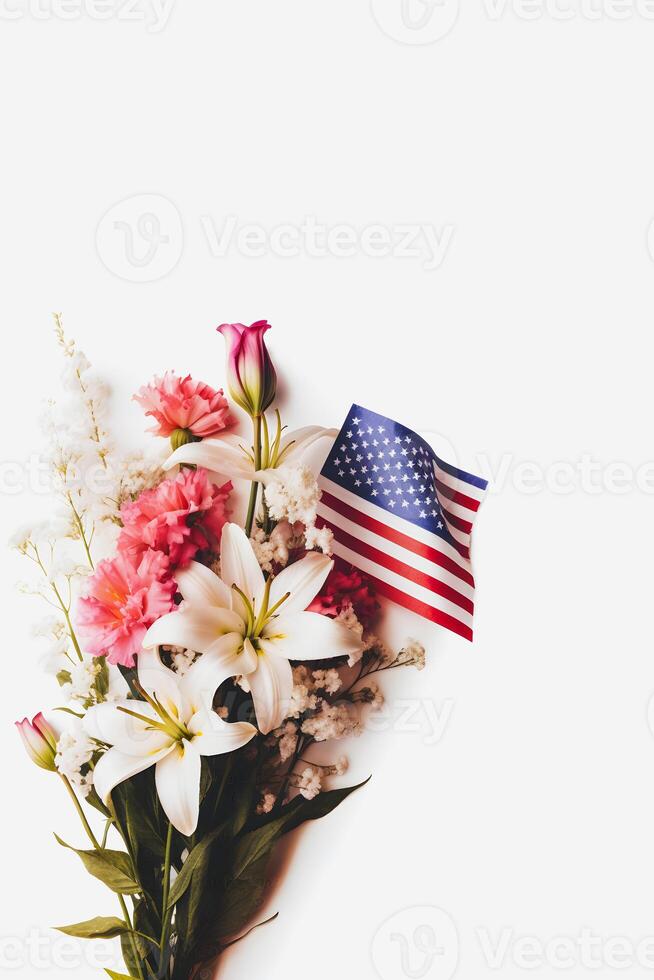 patriótico floresce vibrante americano bandeira cor flores em uma branco fundo com cópia de espaço generativo ai foto