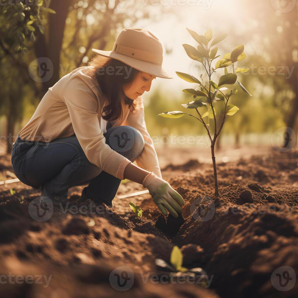 plantio árvores para uma sustentável futuro. comunidade jardim e de Meio Ambiente conservação - promovendo habitat restauração e comunidade noivado em terra dia generativo ai foto