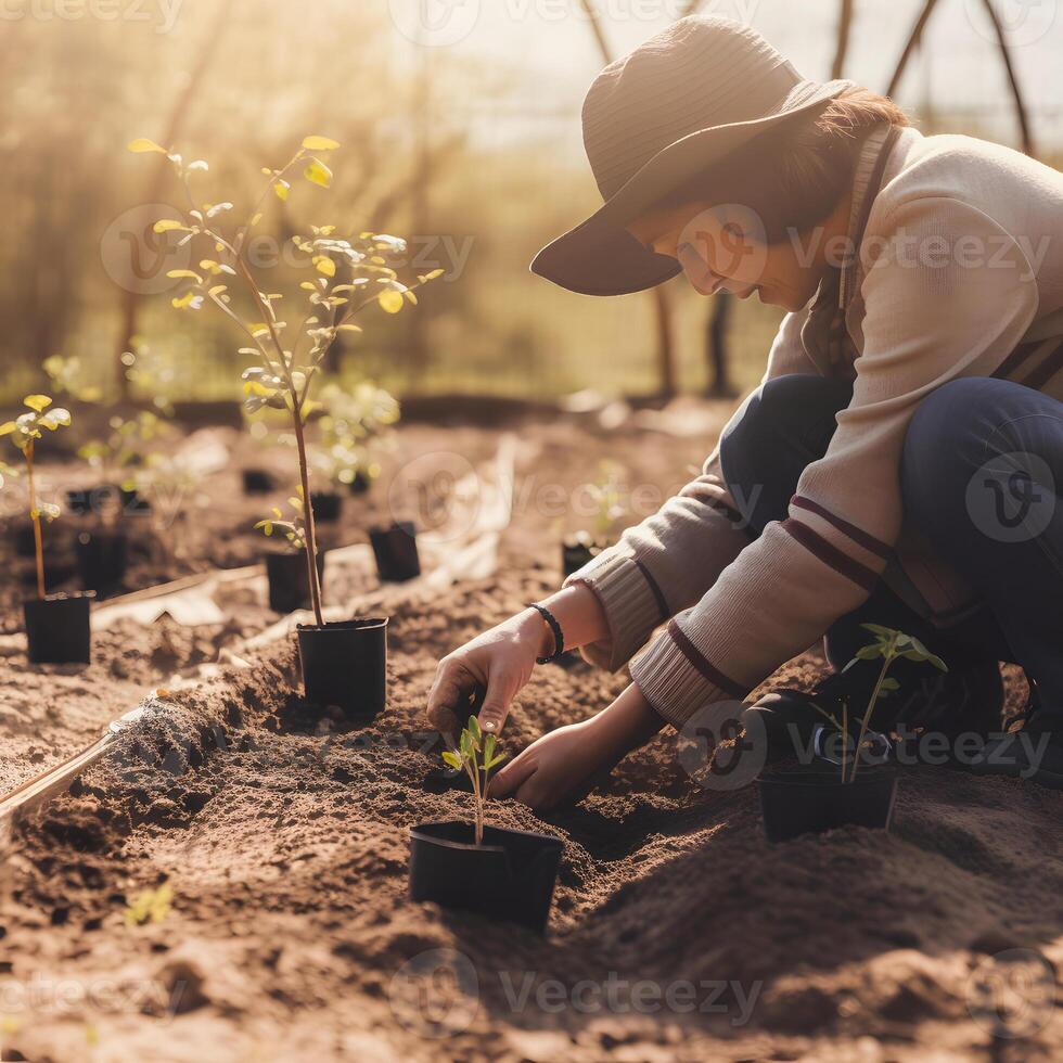 plantio árvores para uma sustentável futuro. comunidade jardim e de Meio Ambiente conservação - promovendo habitat restauração e comunidade noivado em terra dia generativo ai foto