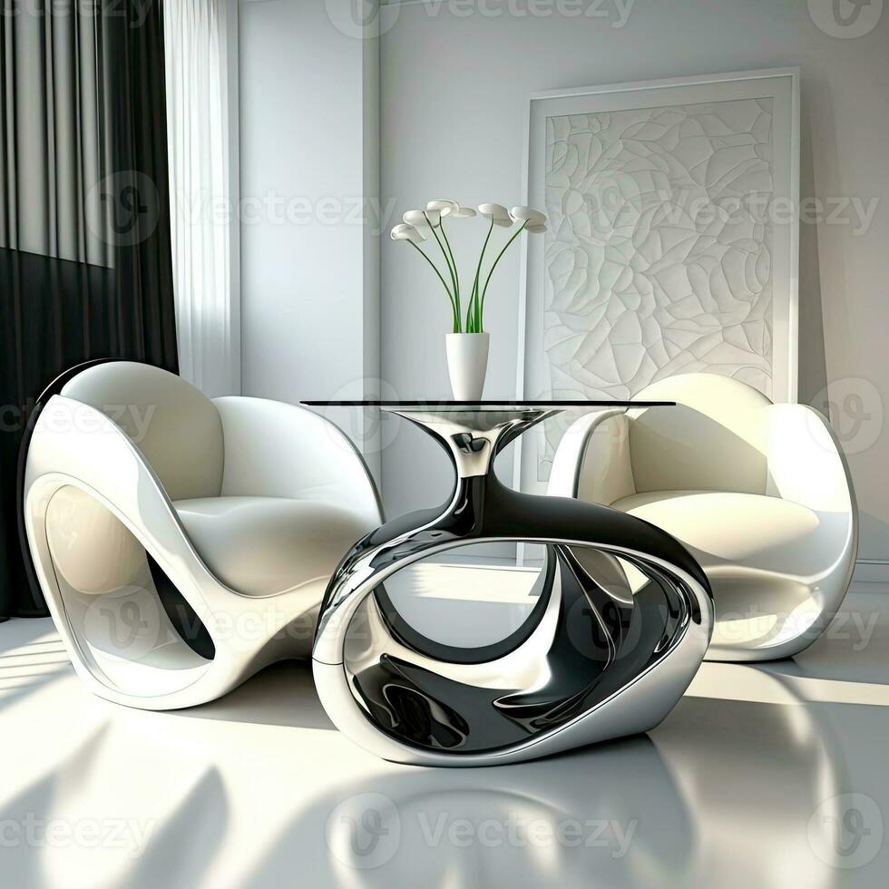 ultra moderno mobília do luxo dois poltronas e plantar Panela em mesa dentro vivo sala. generativo ai tecnologia. foto