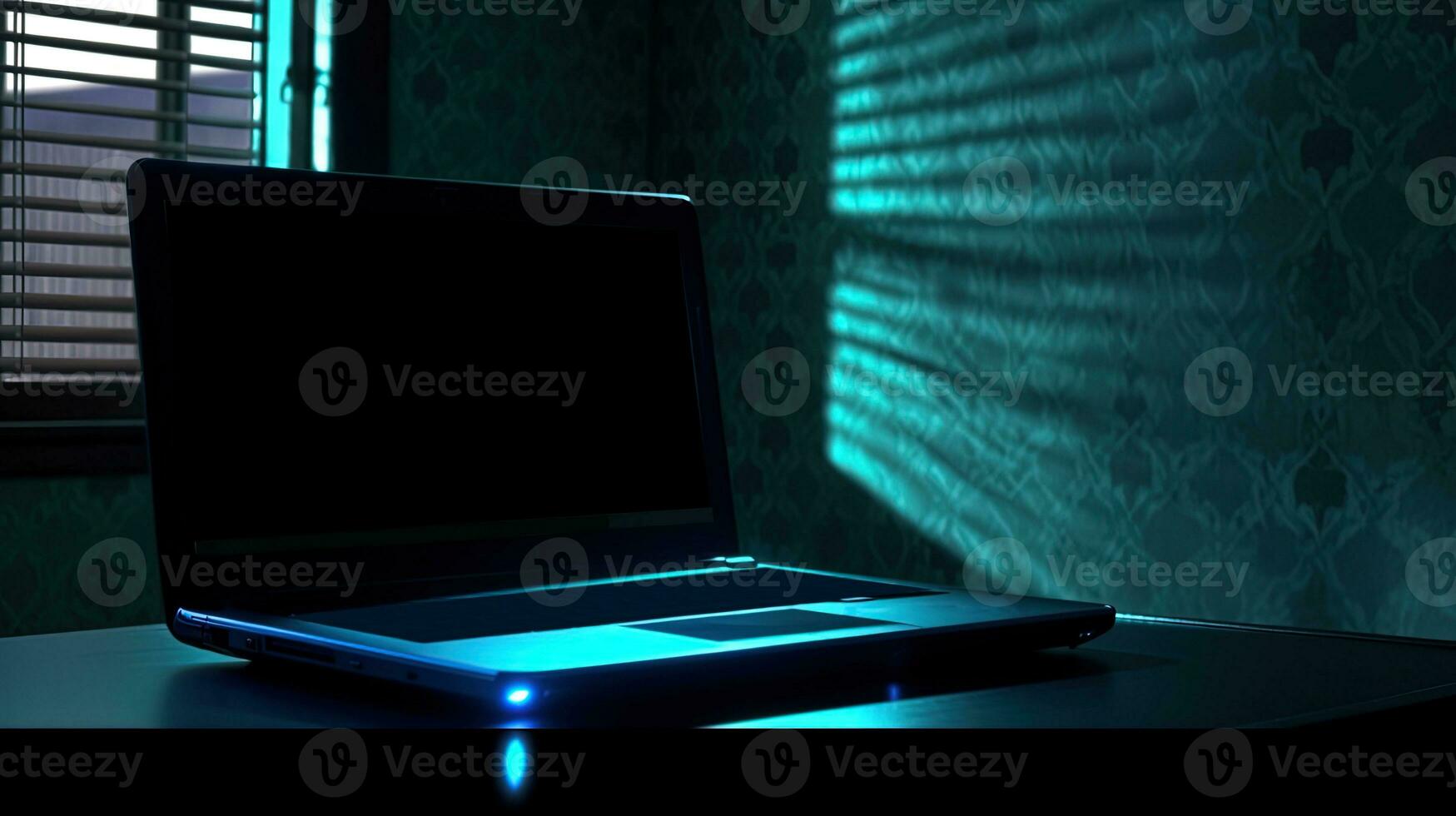 luminoso caderno computador ou computador portátil com padrão Área de Trabalho dentro Sombrio sala. ai generativo tecnologia. foto
