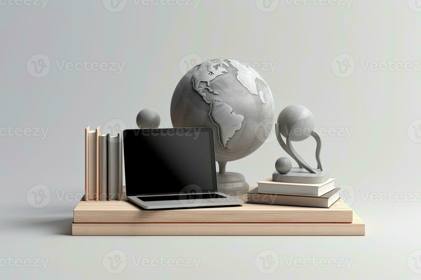 globalização o negócio ou Educação conceito com globo e computador portátil em livros pilha dentro cinzento fundo. generativo ai. foto