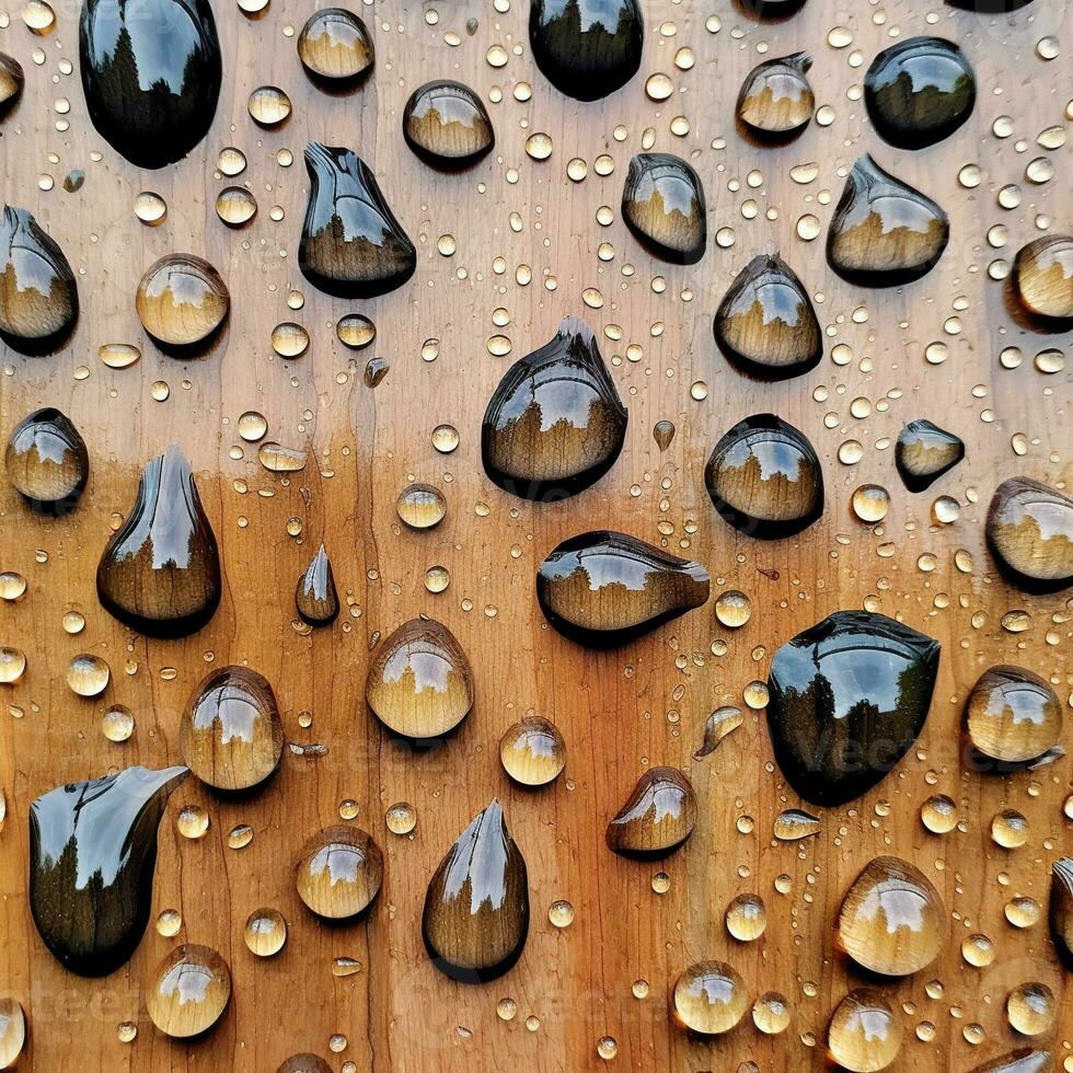 água gotas em uma de madeira fundo. vestígios do chuva. abstrato padronizar a partir de orvalho. generativo ai foto