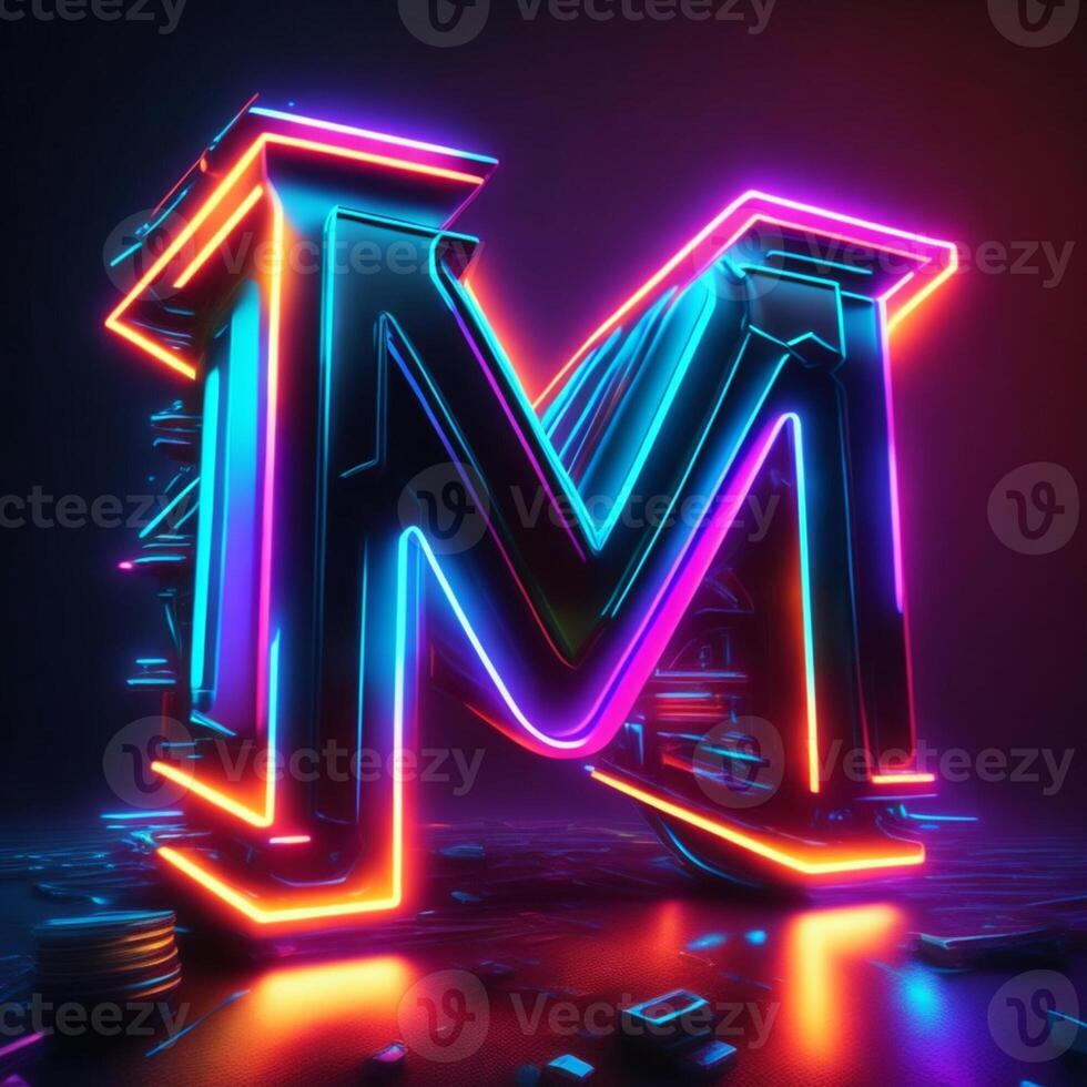 faço uma néon e cyberpunk 3d m logotipo usando gerado por IA Ferramentas foto