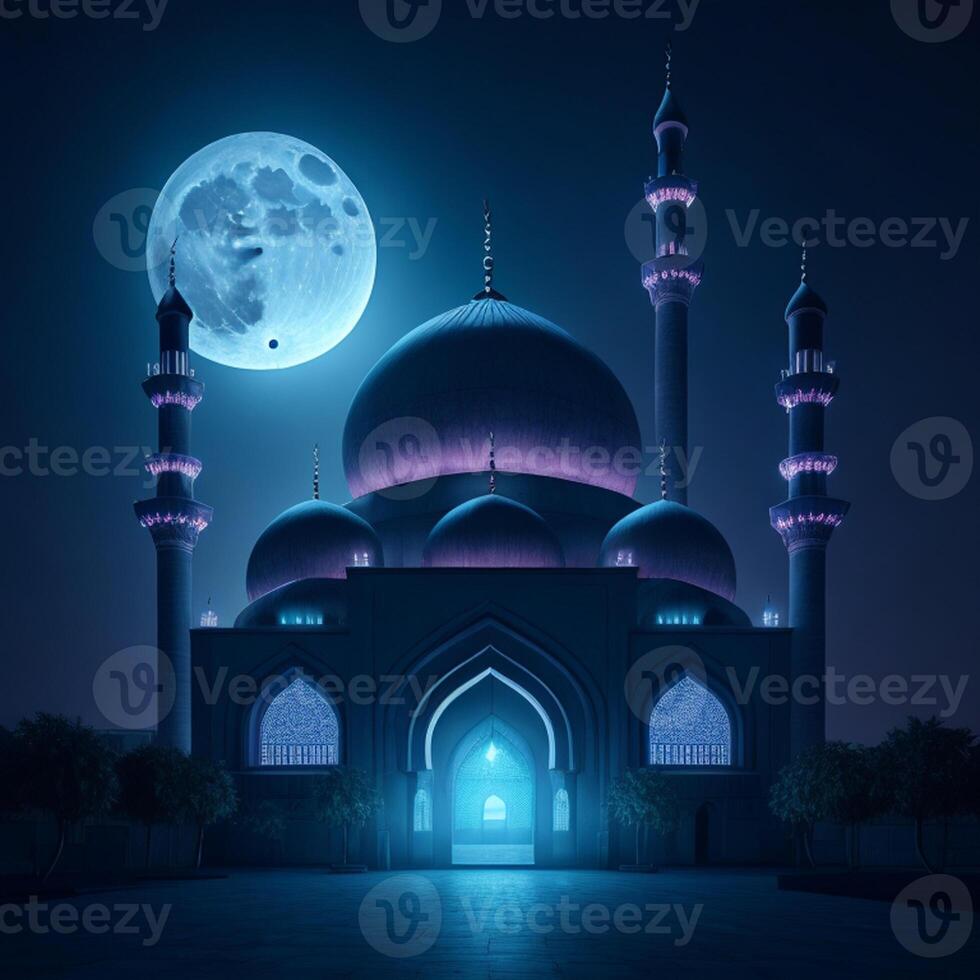 foto uma ampla azul mesquita com a lua dentro a fundo ai generativo