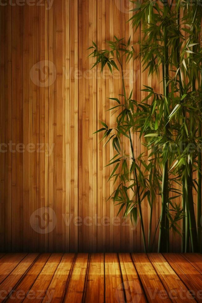 luz solar do tropical bambu árvore folha sombra em Castanho de madeira painel parede com madeira grão. ai generativo foto