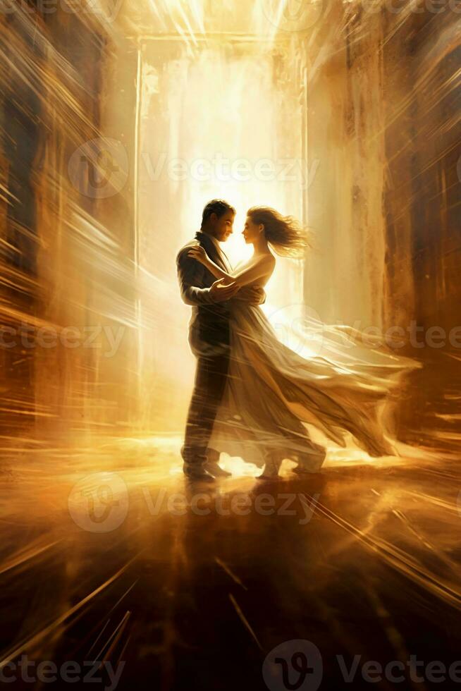 homem e mulher dança dentro uma quarto com feixes do luz atrás eles. ai generativo foto
