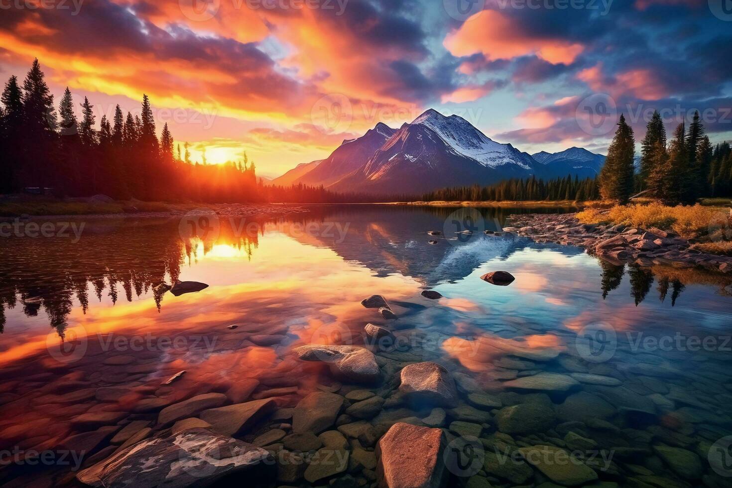 cenário uma cativante cena do uma tranquilo lago às pôr do sol. ai generativo foto
