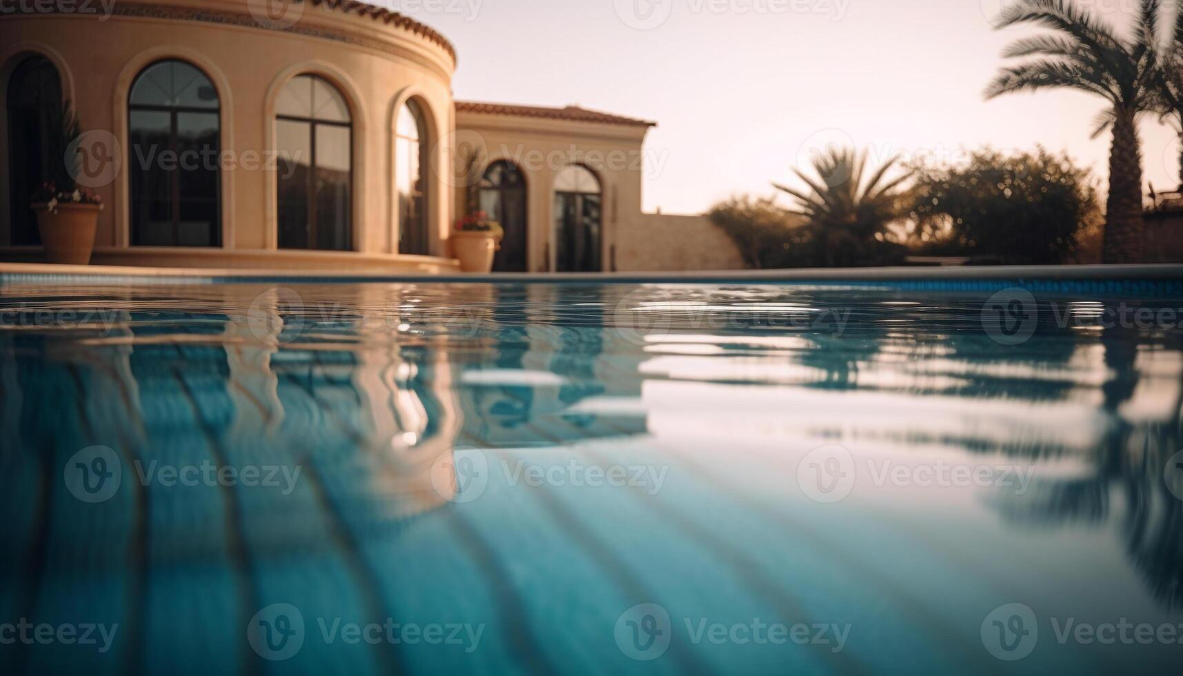 luxo relaxamento de a à beira da piscina dentro verão gerado de ai foto