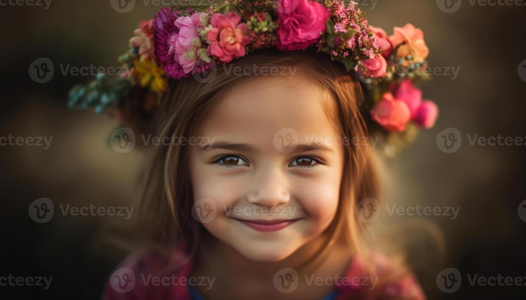 fofa menina com flor guirlanda goza natureza gerado de ai foto