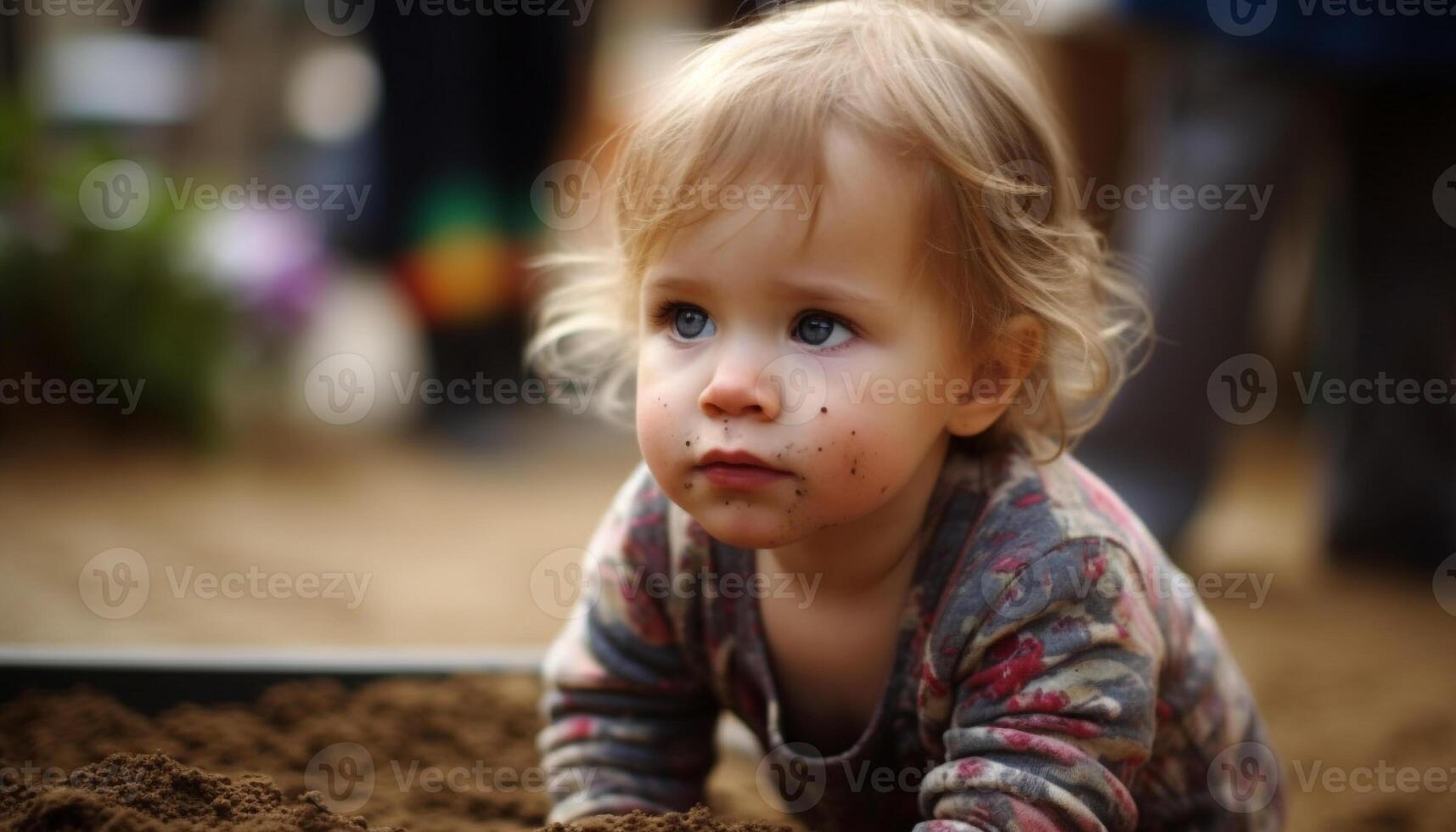 sorridente bebê menina jogando dentro a areia gerado de ai foto