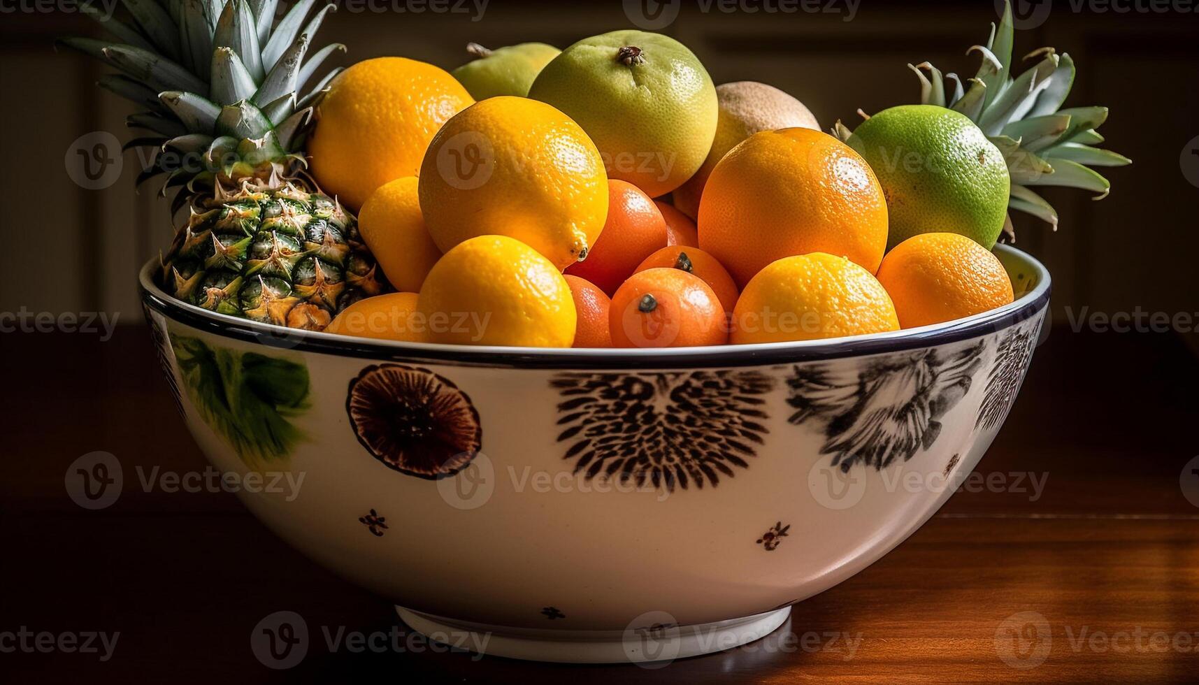 fresco fruta tigela em de madeira mesa dentro de casa gerado de ai foto