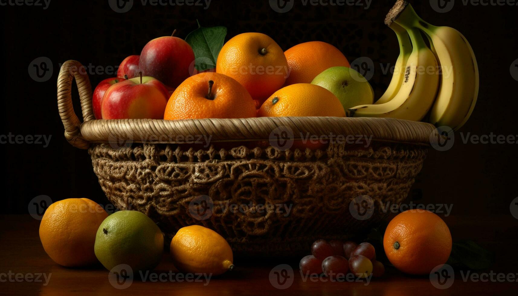 fresco fruta cesta laranja, maçã, uva, banana gerado de ai foto