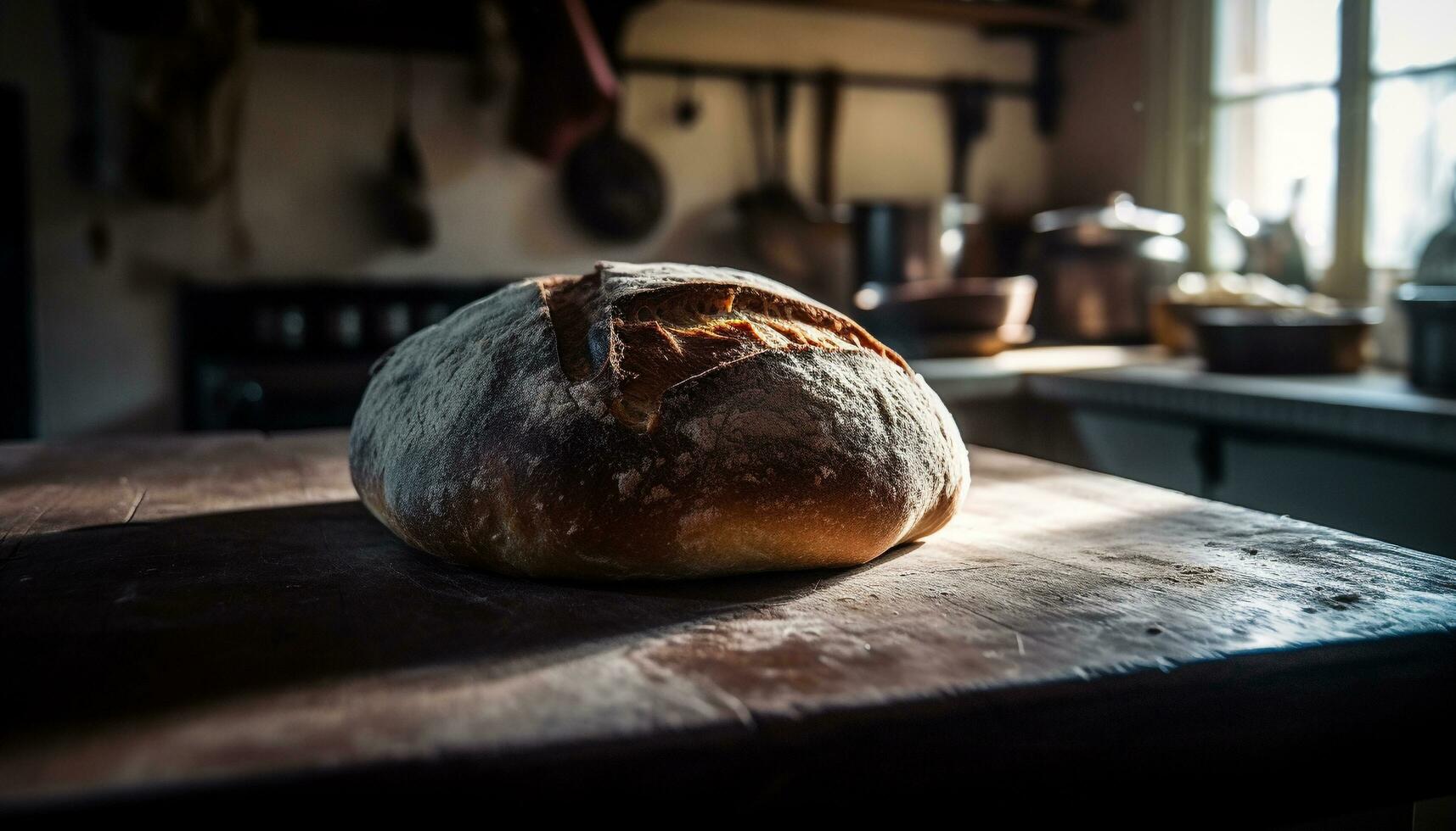 recentemente cozido pão em rústico de madeira mesa gerado de ai foto