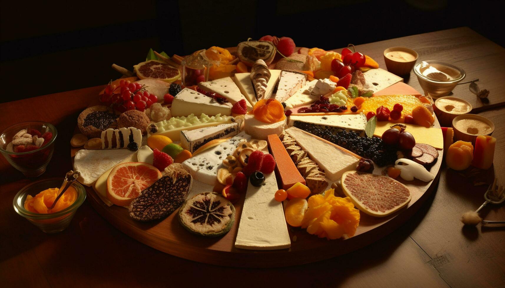 gourmet bufê com fresco fruta, carne, e queijo gerado de ai foto