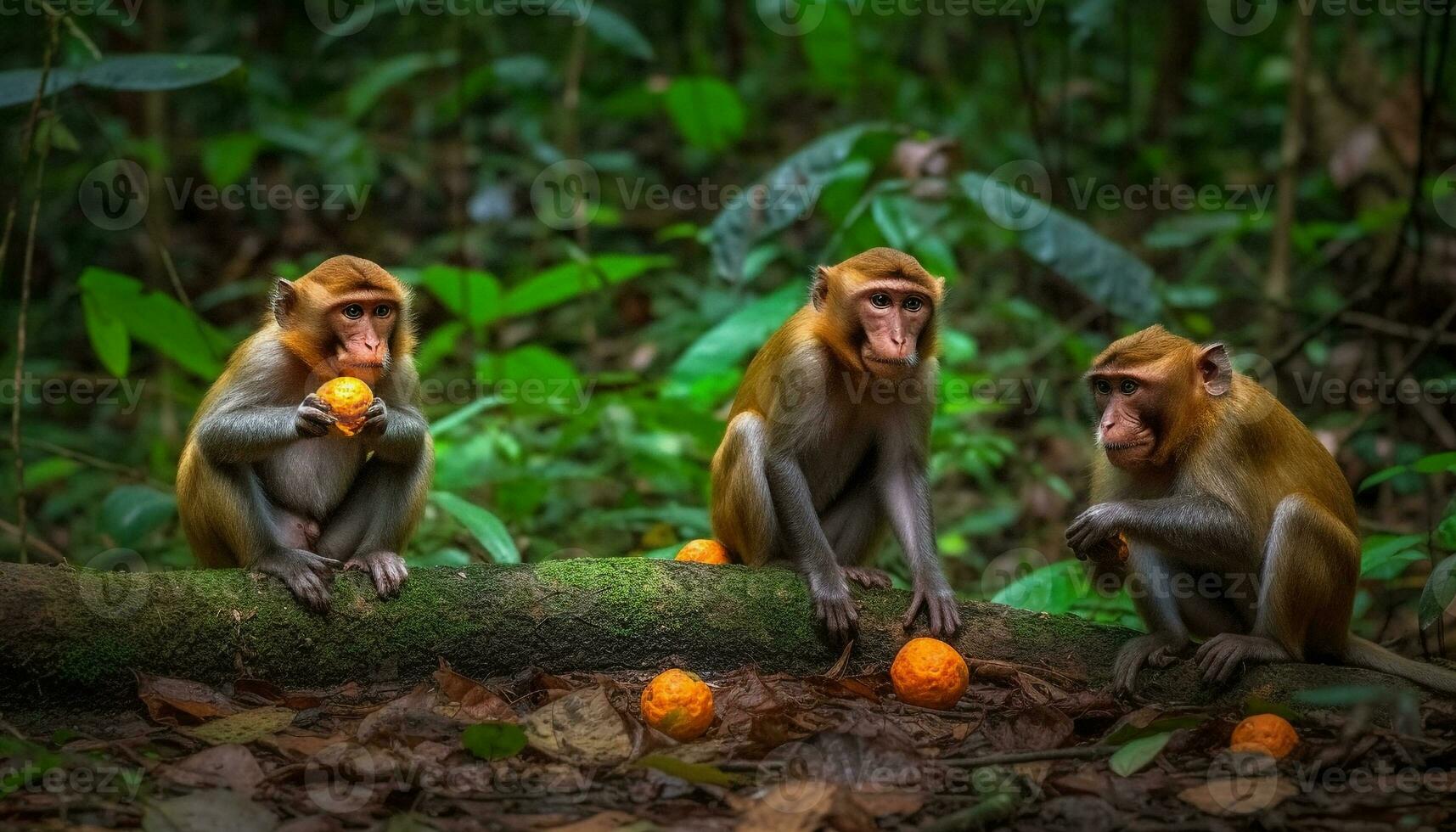 jovem macaque sentado dentro tropical floresta comendo fruta gerado de ai foto