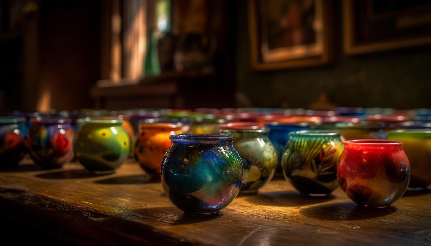 Antiguidade cerâmica vaso em de madeira mesa dentro de casa gerado de ai foto