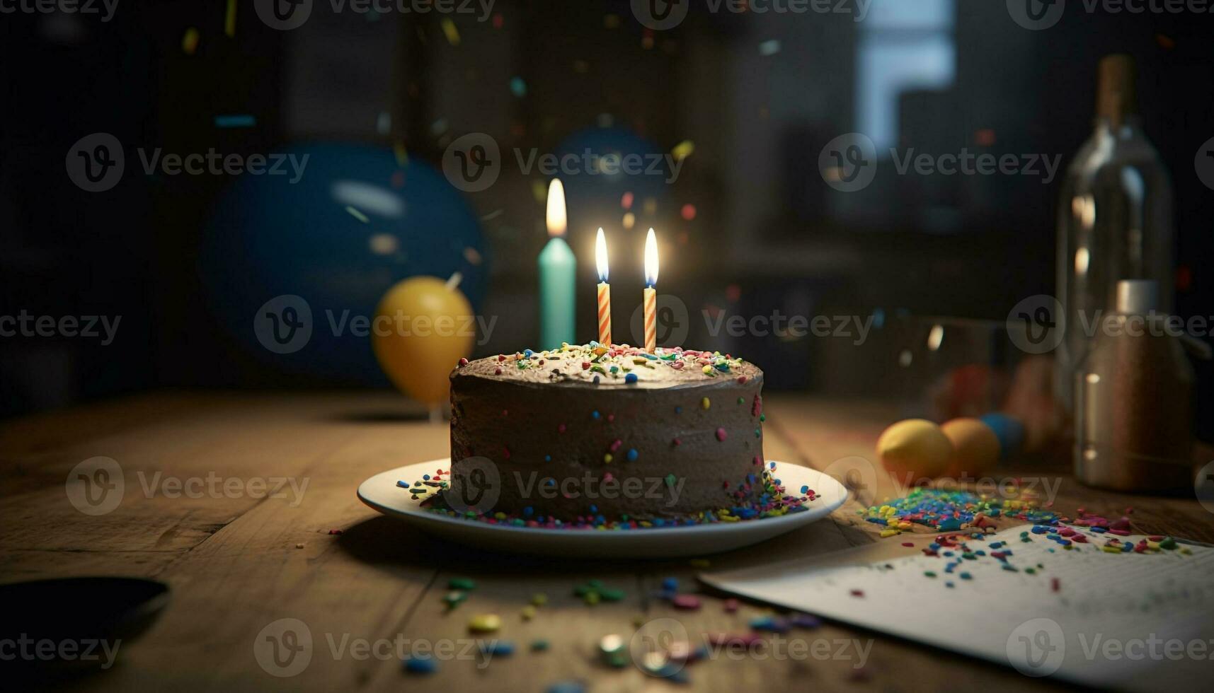 aniversário celebração com bolo, velas, e confete gerado de ai foto