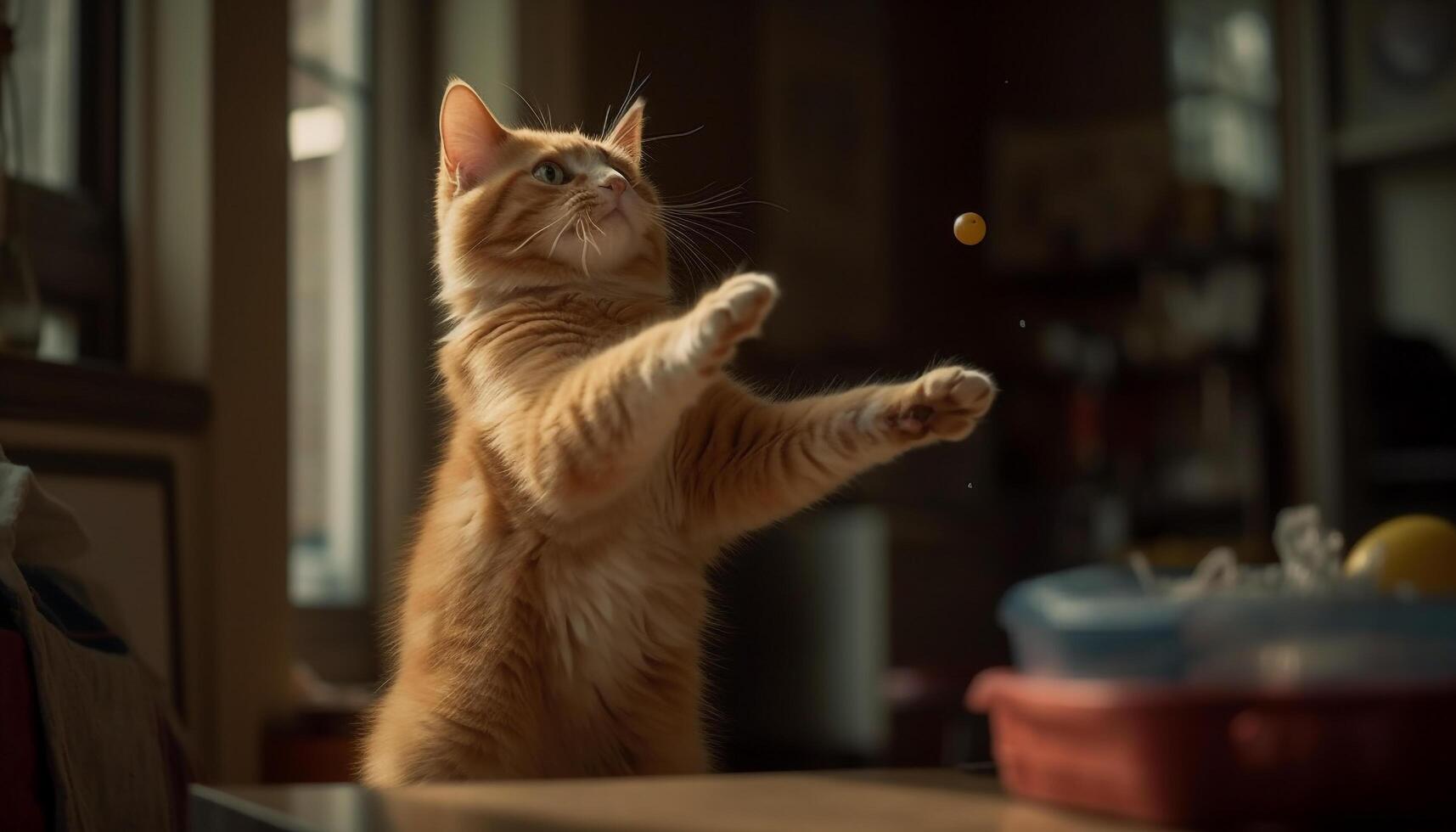 encantador gengibre gatinho jogando com brinquedo dentro de casa gerado de ai foto