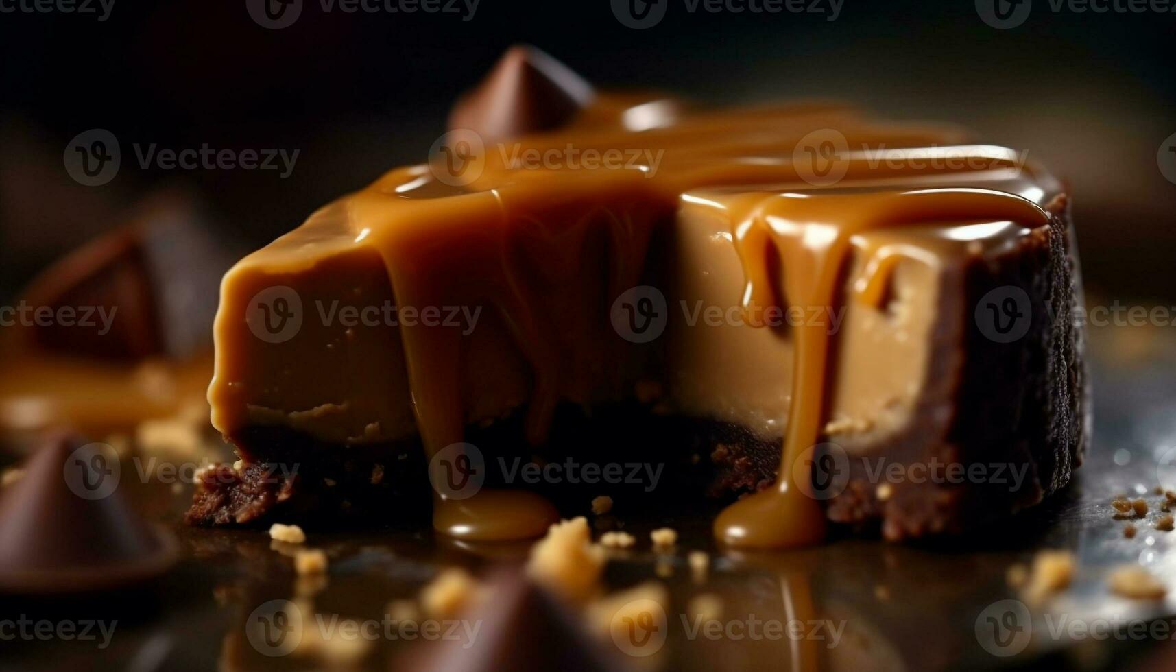 indulgente fatia do Sombrio chocolate doce de açúcar bolo gerado de ai foto