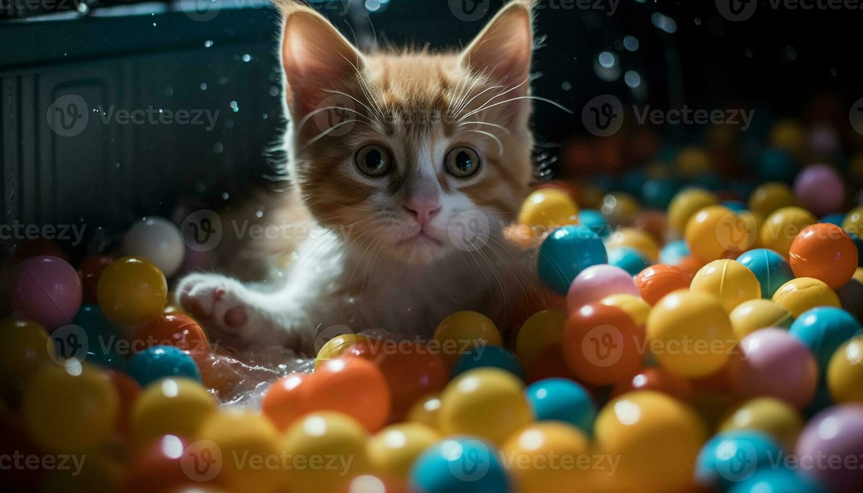 brincalhão gatinho olhares fixos às aniversário bola decoração gerado de ai foto