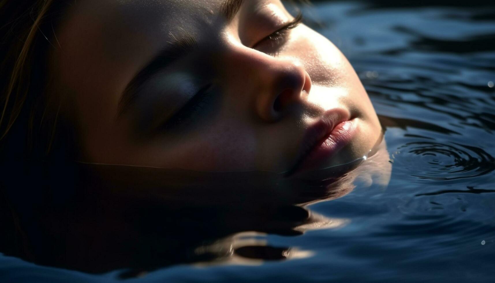 uma lindo mulher sorrisos dentro sereno piscina reflexão gerado de ai foto