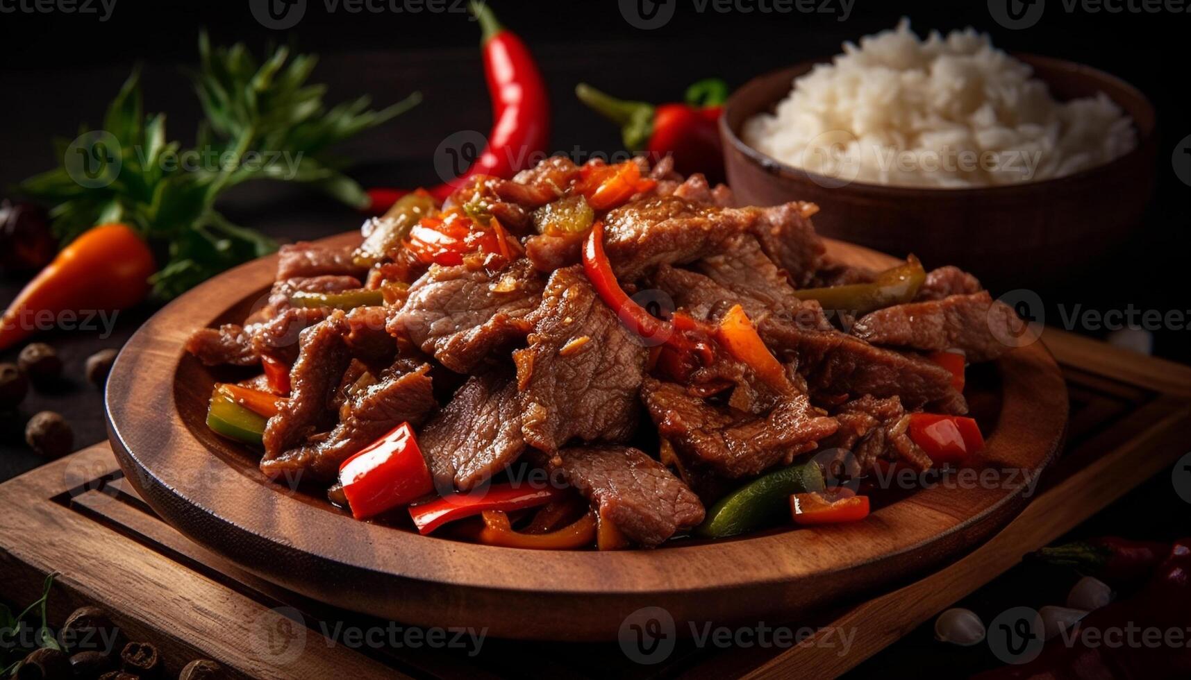 grelhado bife com fresco vegetais, caseiro molho, e rústico louça gerado de ai foto