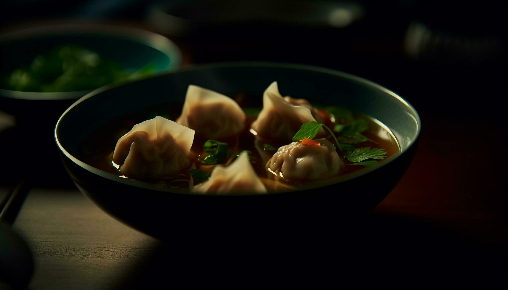 cozido no vapor chinês dumplings, carne de porco e vegetal, servido dentro louça gerado de ai foto