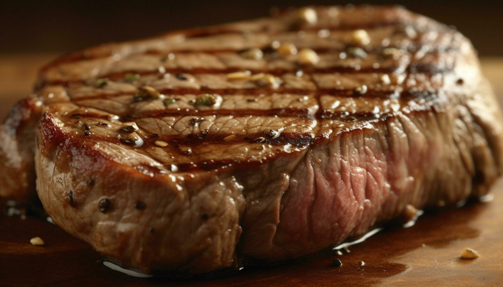 suculento grelhado filé bife em rústico corte quadro, pronto para comer refresco gerado de ai foto